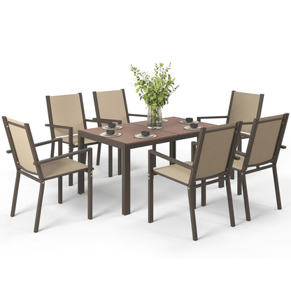 7-Piece Outdoor Dining Set Table and 6 Garden Chairs with Stackable Chairs and Steel Frame for Terrace Patio Khaki and Brown