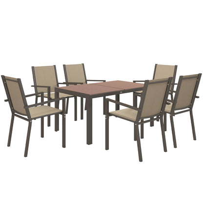 7-Piece Outdoor Dining Set Table and 6 Garden Chairs with Stackable Chairs and Steel Frame for Terrace Patio Khaki and Brown