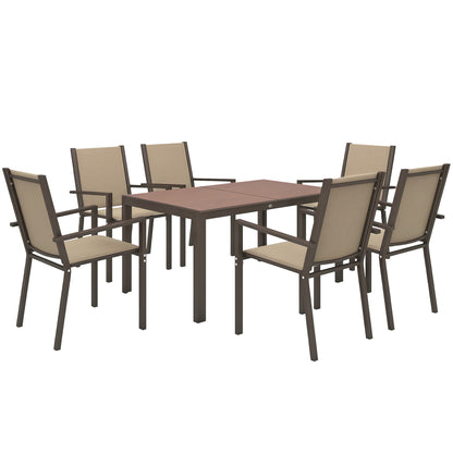 7-Piece Outdoor Dining Set Table and 6 Garden Chairs with Stackable Chairs and Steel Frame for Terrace Patio Khaki and Brown