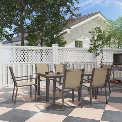 7-Piece Outdoor Dining Set Table and 6 Garden Chairs with Stackable Chairs and Steel Frame for Terrace Patio Khaki and Brown