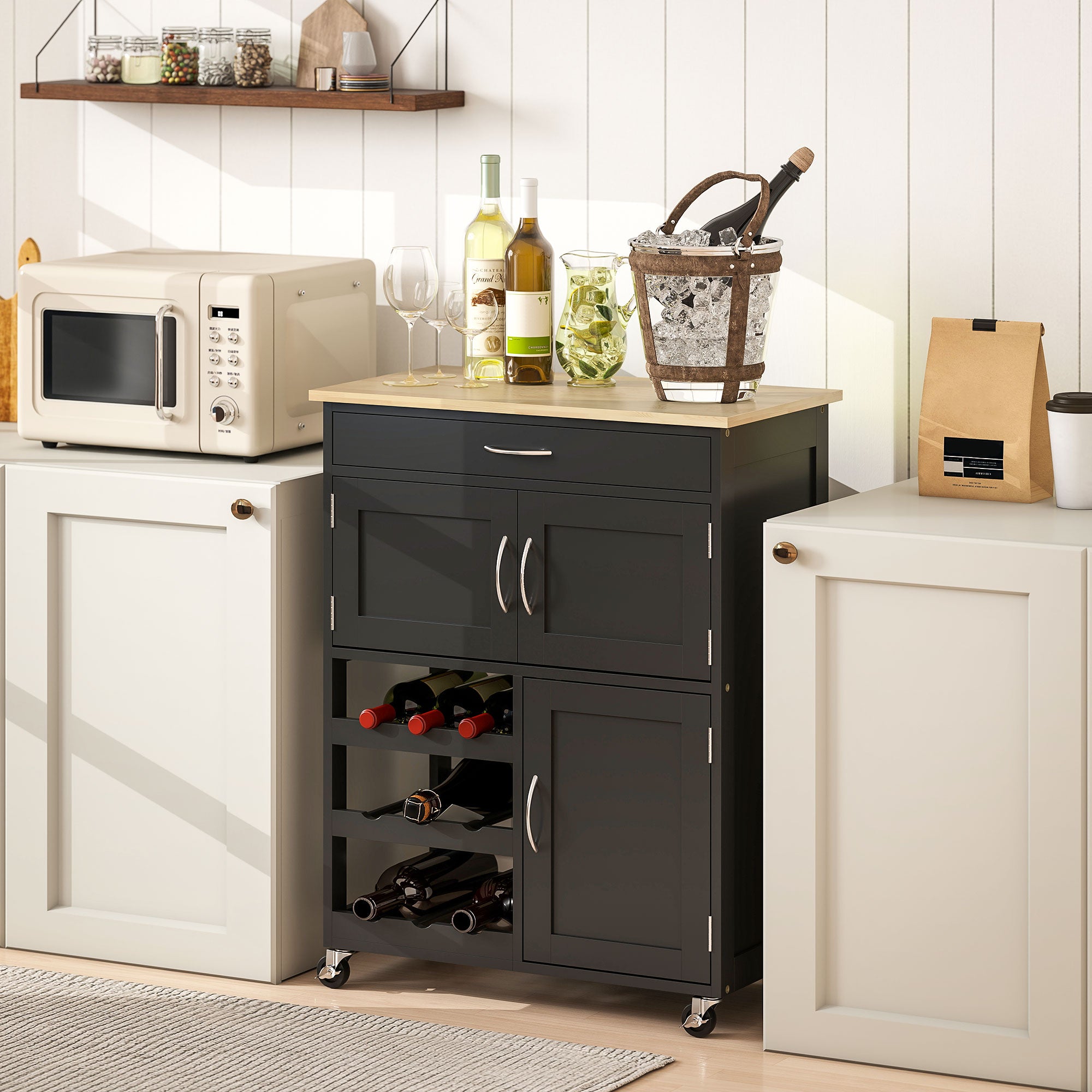 Kitchen Cart with 9 Wine Rack, 3 Doors, 4 Wheels, and Drawer, Space-Saving Kitchen Cabinet with Rubber Wood Top, 67x37x87 cm, Black and Oak
