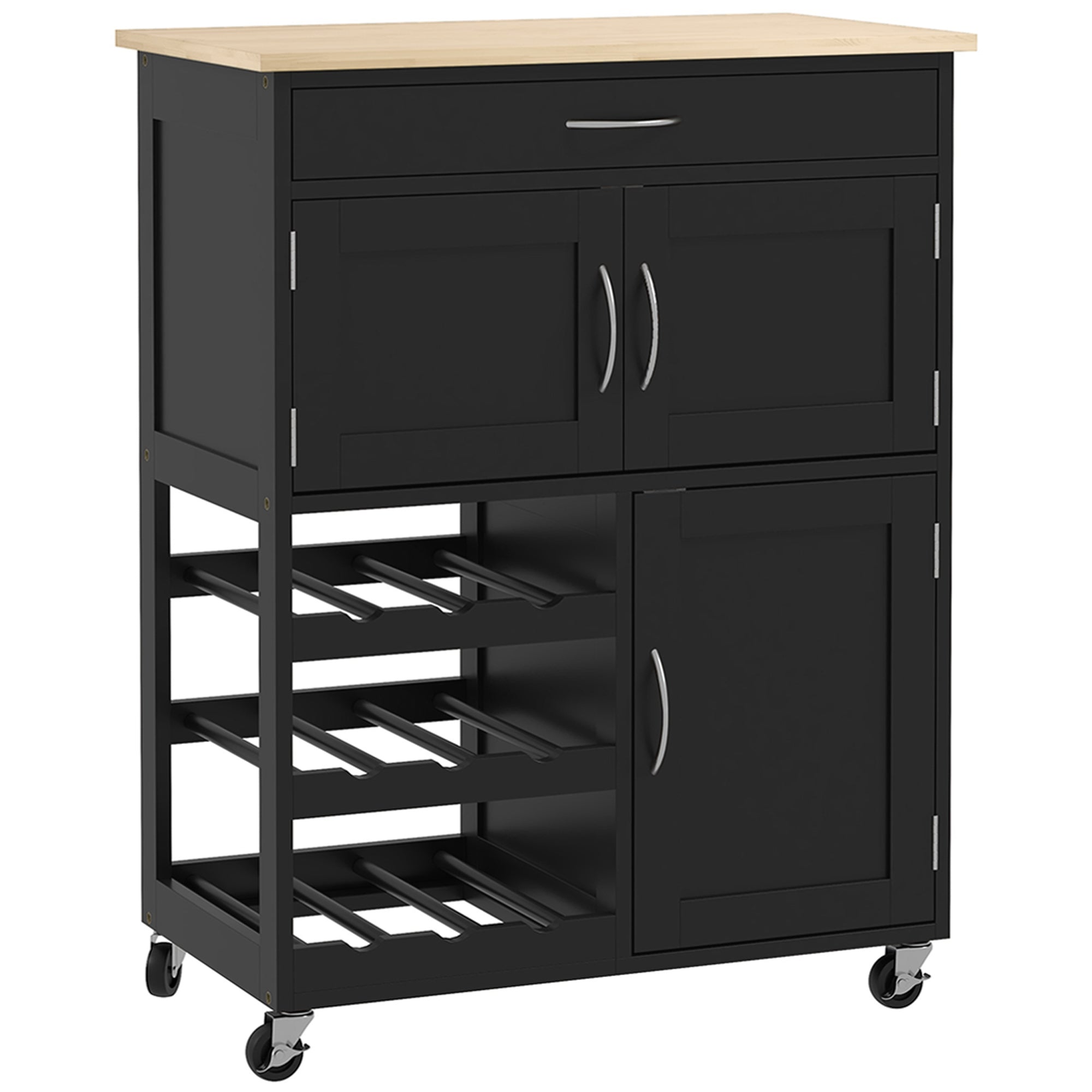 Kitchen Cart with 9 Wine Rack, 3 Doors, 4 Wheels, and Drawer, Space-Saving Kitchen Cabinet with Rubber Wood Top, 67x37x87 cm, Black and Oak