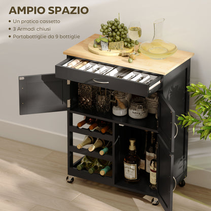 Kitchen Cart with 9 Wine Rack, 3 Doors, 4 Wheels, and Drawer, Space-Saving Kitchen Cabinet with Rubber Wood Top, 67x37x87 cm, Black and Oak