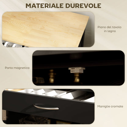 Kitchen Cart with 9 Wine Rack, 3 Doors, 4 Wheels, and Drawer, Space-Saving Kitchen Cabinet with Rubber Wood Top, 67x37x87 cm, Black and Oak