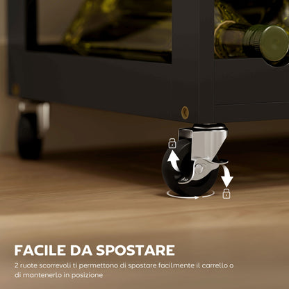 Kitchen Cart with 9 Wine Rack, 3 Doors, 4 Wheels, and Drawer, Space-Saving Kitchen Cabinet with Rubber Wood Top, 67x37x87 cm, Black and Oak