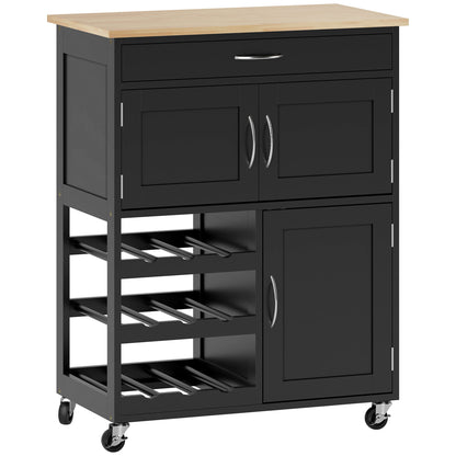 Kitchen Cart with 9 Wine Rack, 3 Doors, 4 Wheels, and Drawer, Space-Saving Kitchen Cabinet with Rubber Wood Top, 67x37x87 cm, Black and Oak
