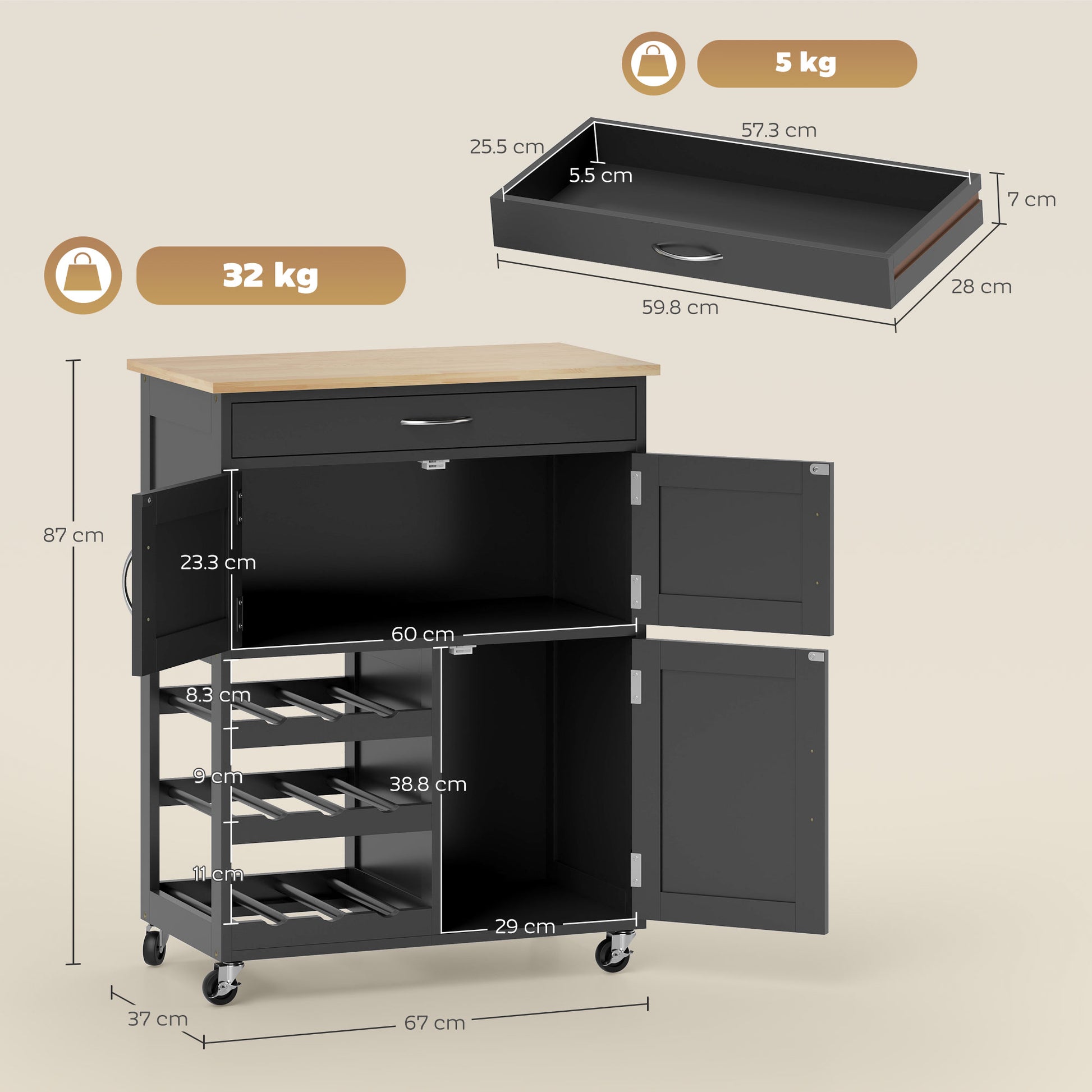 Kitchen Cart with 9 Wine Rack, 3 Doors, 4 Wheels, and Drawer, Space-Saving Kitchen Cabinet with Rubber Wood Top, 67x37x87 cm, Black and Oak