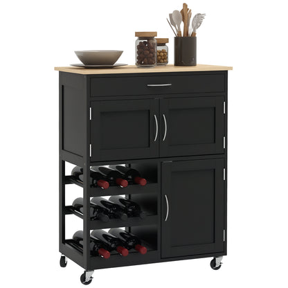 Kitchen Cart with 9 Wine Rack, 3 Doors, 4 Wheels, and Drawer, Space-Saving Kitchen Cabinet with Rubber Wood Top, 67x37x87 cm, Black and Oak