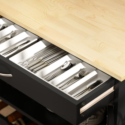 Kitchen Cart with 9 Wine Rack, 3 Doors, 4 Wheels, and Drawer, Space-Saving Kitchen Cabinet with Rubber Wood Top, 67x37x87 cm, Black and Oak