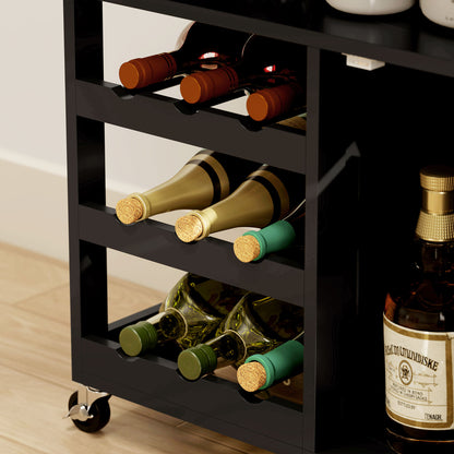 Kitchen Cart with 9 Wine Rack, 3 Doors, 4 Wheels, and Drawer, Space-Saving Kitchen Cabinet with Rubber Wood Top, 67x37x87 cm, Black and Oak