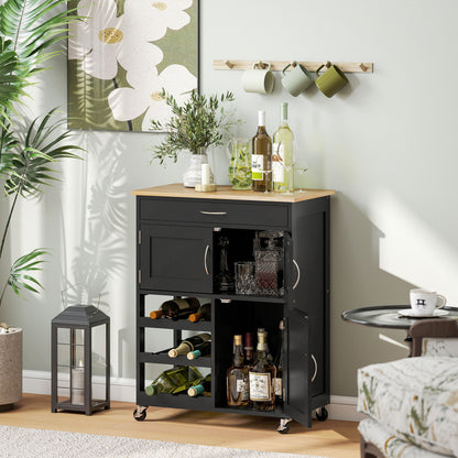 Kitchen Cart with 9 Wine Rack, 3 Doors, 4 Wheels, and Drawer, Space-Saving Kitchen Cabinet with Rubber Wood Top, 67x37x87 cm, Black and Oak