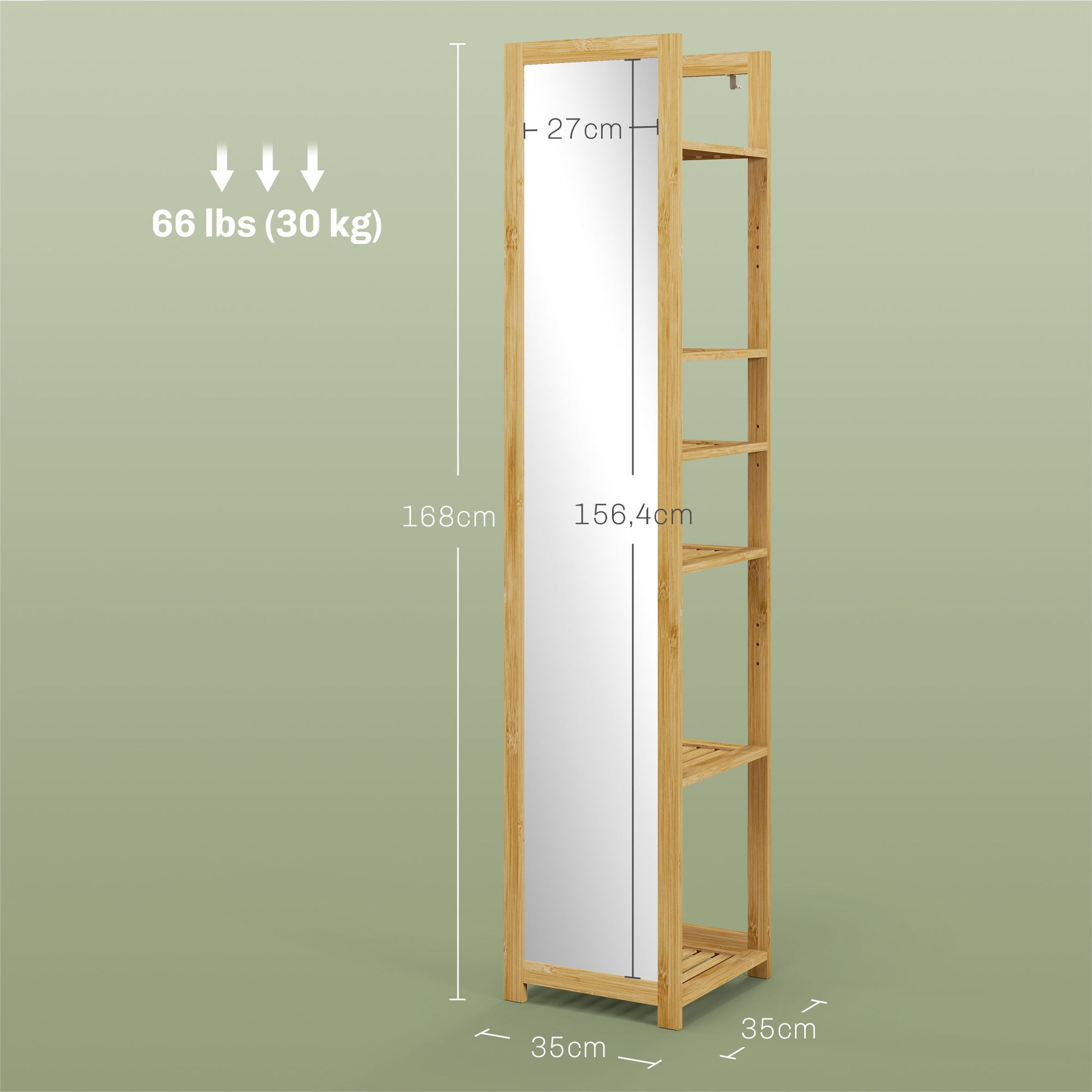 Bathroom Column Cabinet with Mirror 6-Shelf Storage Shelf in Natural Bamboo, 35L x 35W x 168H cm