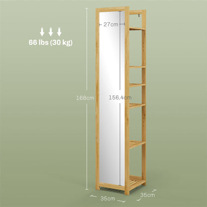 Bathroom Column Cabinet with Mirror 6-Shelf Storage Shelf in Natural Bamboo, 35L x 35W x 168H cm