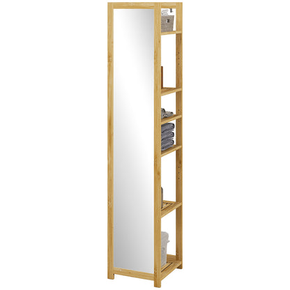 Bathroom Column Cabinet with Mirror 6-Shelf Storage Shelf in Natural Bamboo, 35L x 35W x 168H cm
