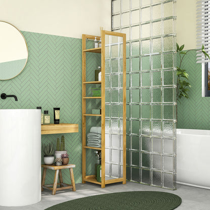 Bathroom Column Cabinet with Mirror 6-Shelf Storage Shelf in Natural Bamboo, 35L x 35W x 168H cm