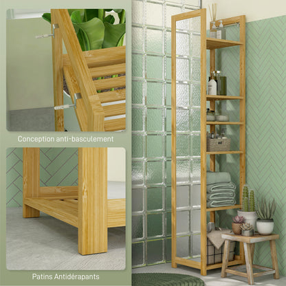 Bathroom Column Cabinet with Mirror 6-Shelf Storage Shelf in Natural Bamboo, 35L x 35W x 168H cm