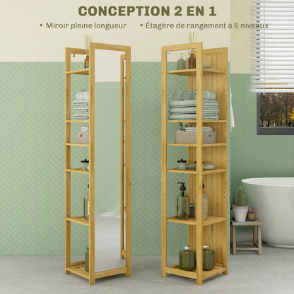 Bathroom Column Cabinet with Mirror 6-Shelf Storage Shelf in Natural Bamboo, 35L x 35W x 168H cm