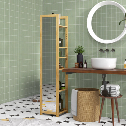 Bathroom Column Cabinet with Mirror 6-Shelf Storage Shelf in Natural Bamboo, 35L x 35W x 168H cm