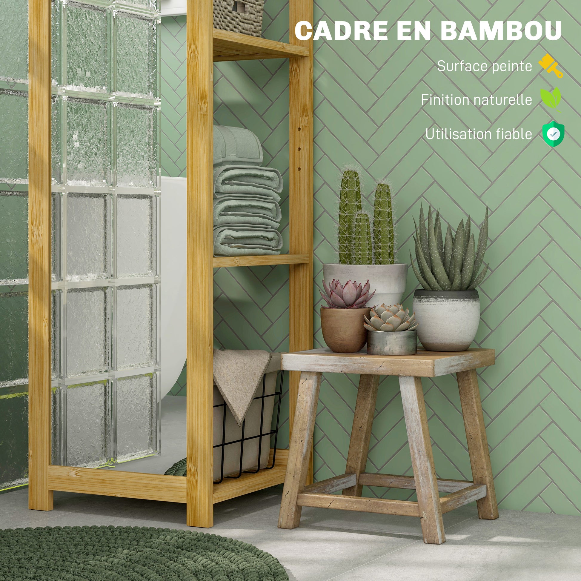 Bathroom Column Cabinet with Mirror 6-Shelf Storage Shelf in Natural Bamboo, 35L x 35W x 168H cm