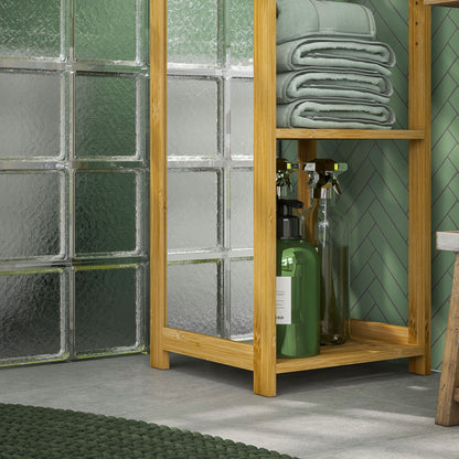 Bathroom Column Cabinet with Mirror 6-Shelf Storage Shelf in Natural Bamboo, 35L x 35W x 168H cm