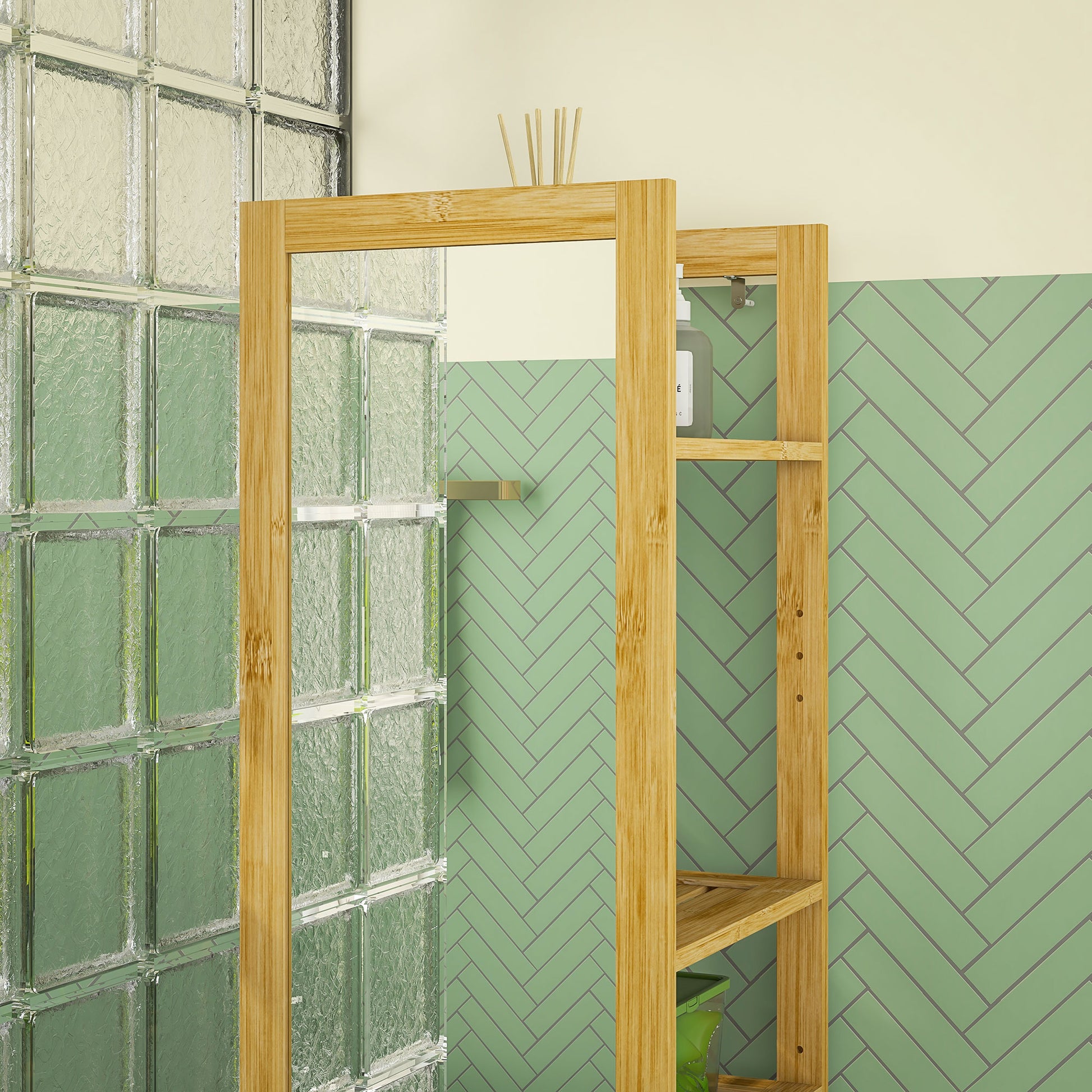 Bathroom Column Cabinet with Mirror 6-Shelf Storage Shelf in Natural Bamboo, 35L x 35W x 168H cm