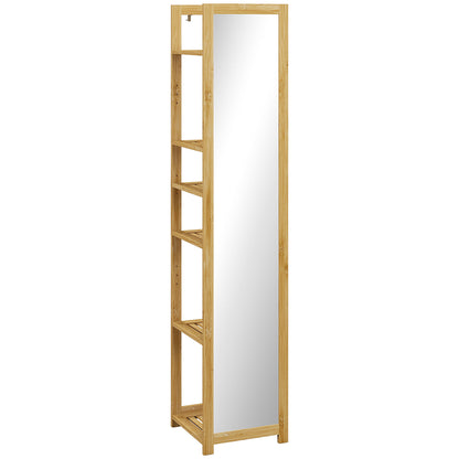 Bathroom Column Cabinet with Mirror 6-Shelf Storage Shelf in Natural Bamboo, 35L x 35W x 168H cm