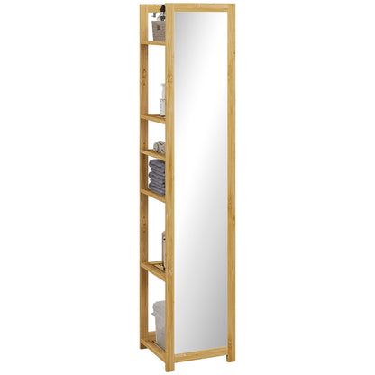 Bathroom Column Cabinet with Mirror 6-Shelf Storage Shelf in Natural Bamboo, 35L x 35W x 168H cm