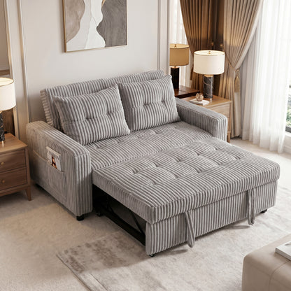 2-Seater Convertible Sofa Bed, Corduroy Upholstery, Light Gray