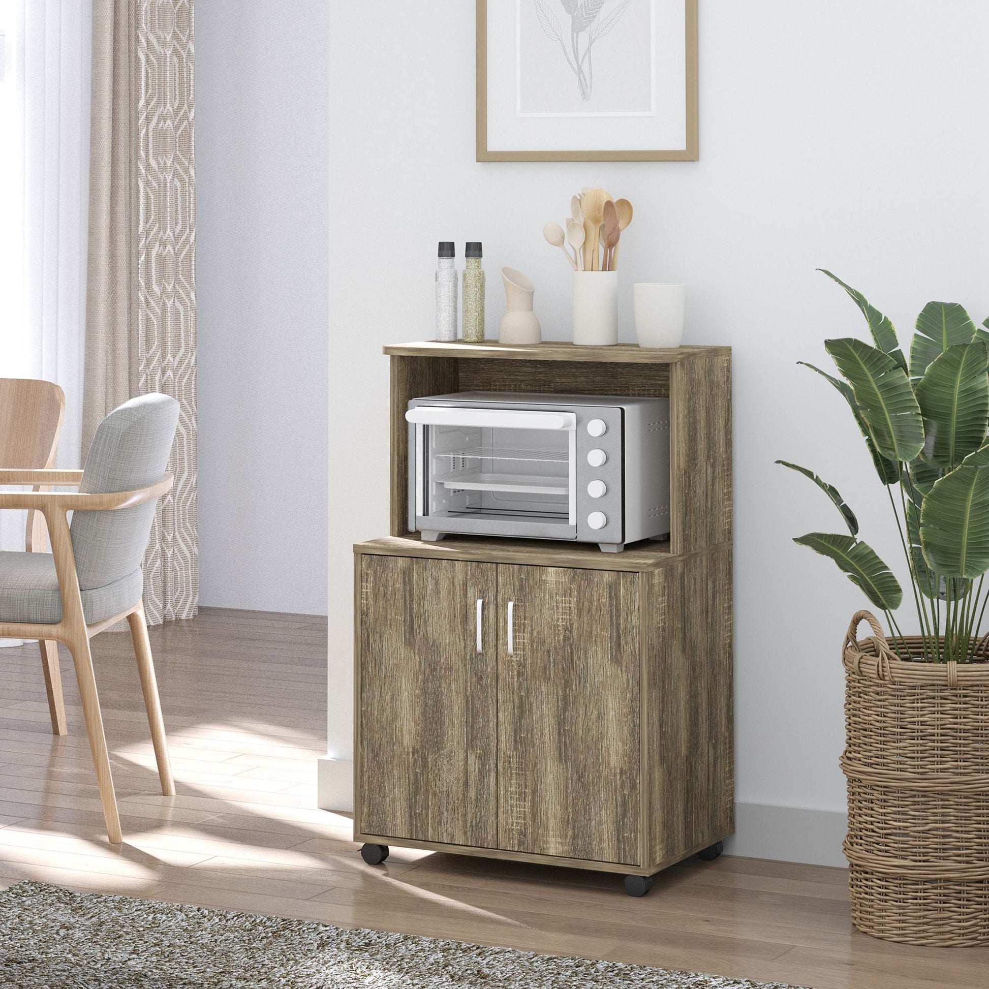 Multi-Purpose Kitchen Cart with 4 Wheels, Cabinet with Shelf for Microwave in Particle Board, 60.4x40.3x97cm, Gray