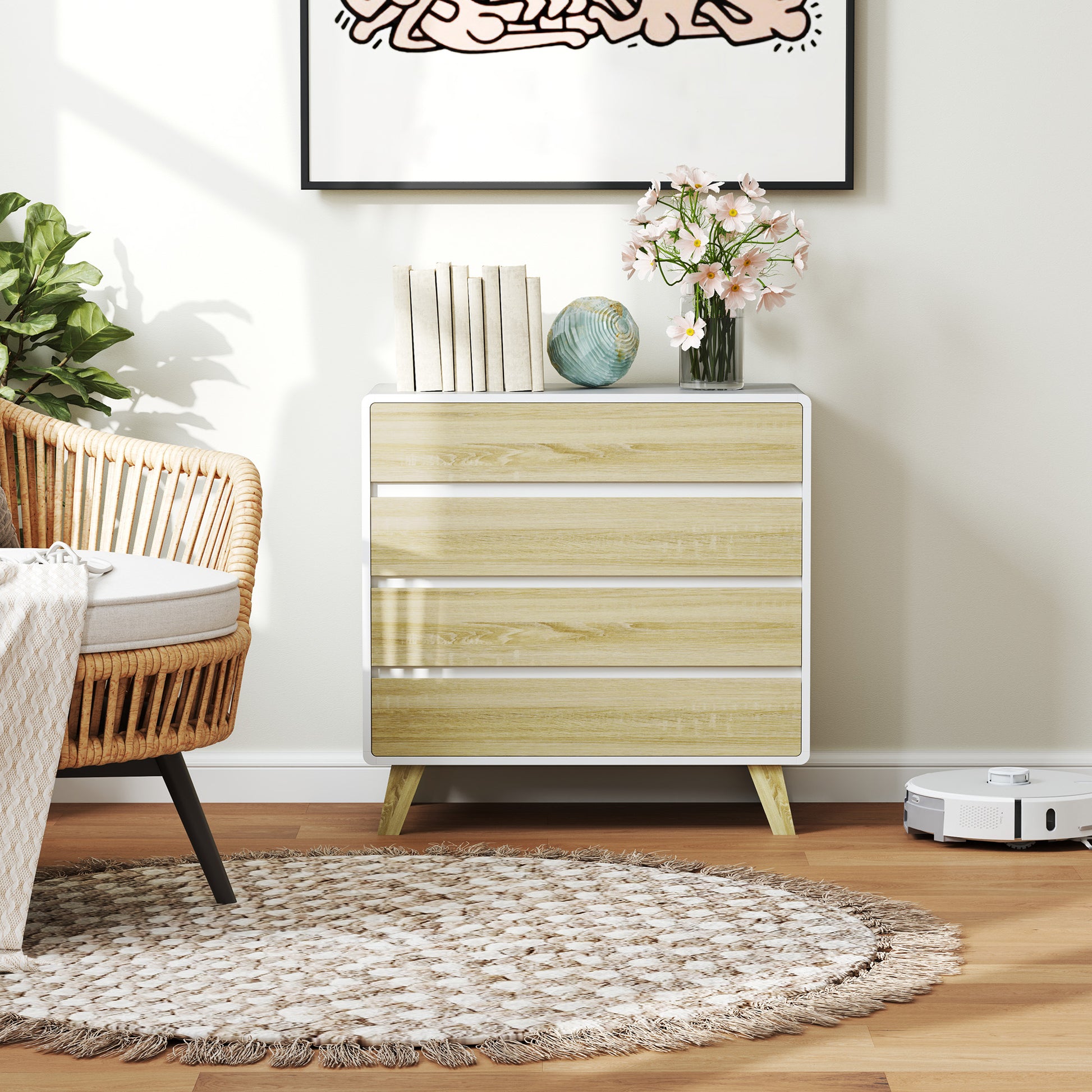 4-drawer chest of drawers Scandinavian design storage unit for hallway, bedroom, living room, bathroom 80 x 40 x 79.5 cm white and wood effect