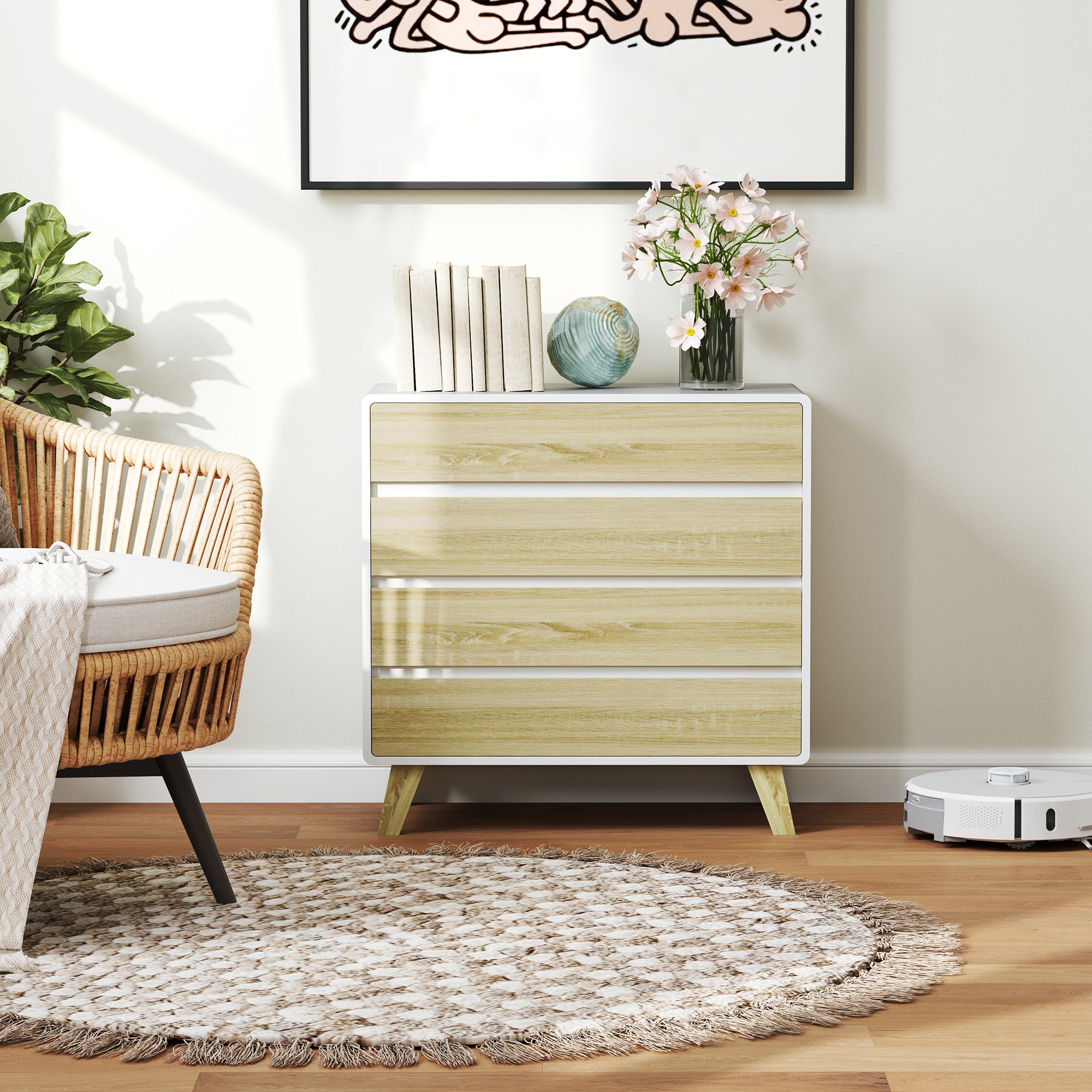 4-drawer chest of drawers Scandinavian design storage unit for hallway, bedroom, living room, bathroom 80 x 40 x 79.5 cm white and wood effect