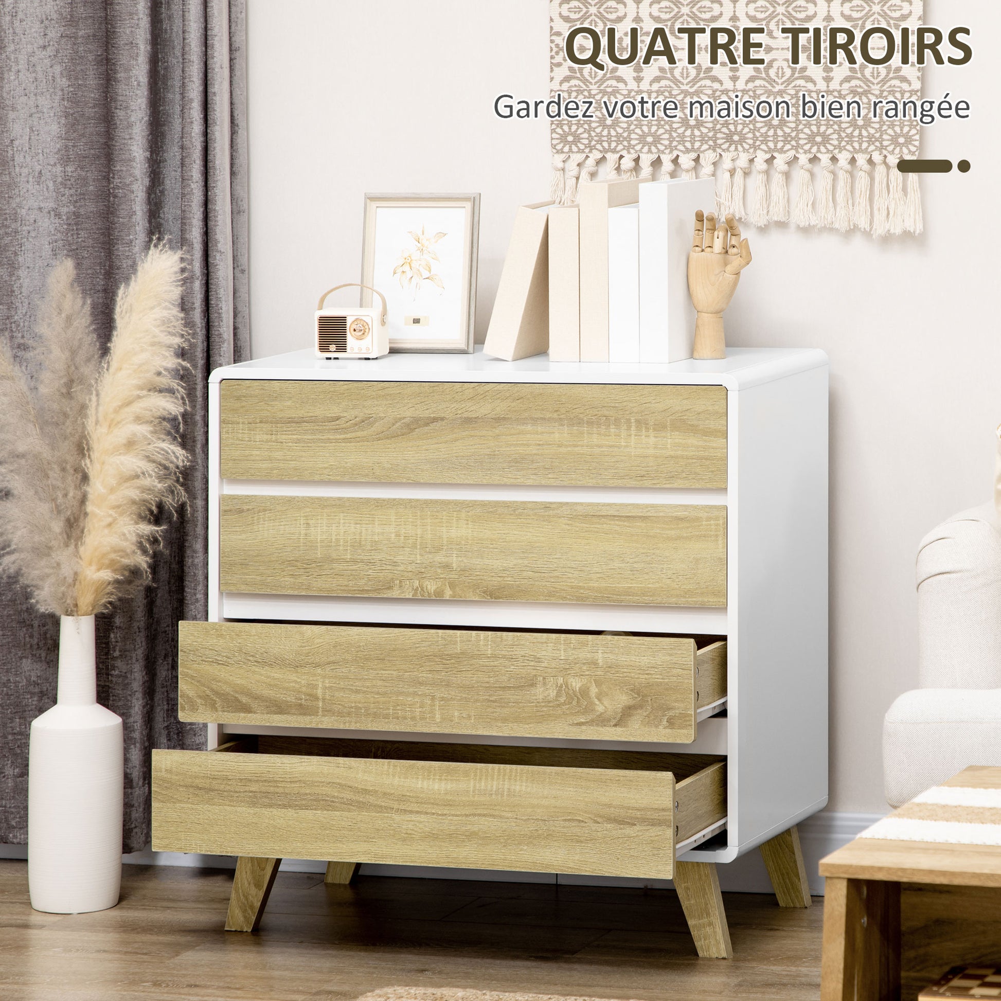 4-drawer chest of drawers Scandinavian design storage unit for hallway, bedroom, living room, bathroom 80 x 40 x 79.5 cm white and wood effect