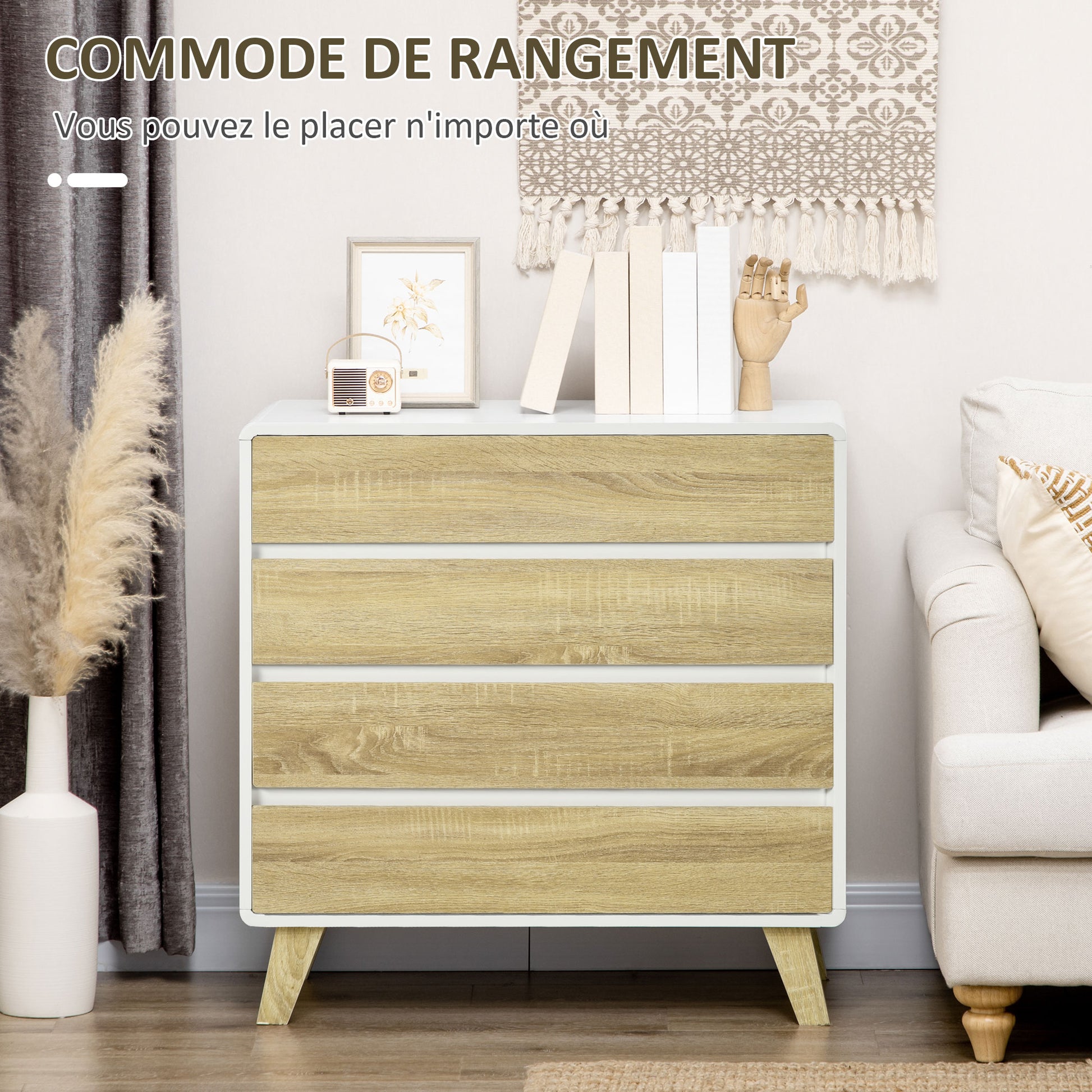 4-drawer chest of drawers Scandinavian design storage unit for hallway, bedroom, living room, bathroom 80 x 40 x 79.5 cm white and wood effect