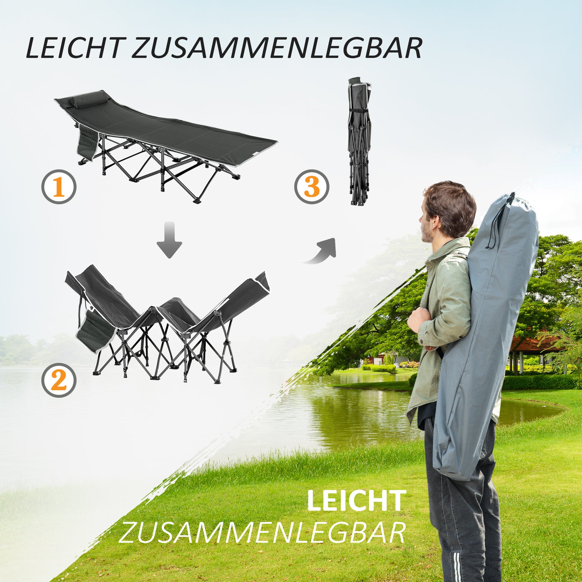 Folding Camping Bed Camp Bed with Pillow Side Pocket Mattress Guest Bed Up to 150 kg Travel Outdoor Oxford Dark Blue + Gray 188 x 64.5 x 53 cm