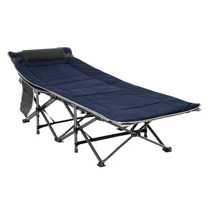 Folding Camping Bed Camp Bed with Pillow Side Pocket Mattress Guest Bed Up to 150 kg Travel Outdoor Oxford Dark Blue + Gray 188 x 64.5 x 53 cm