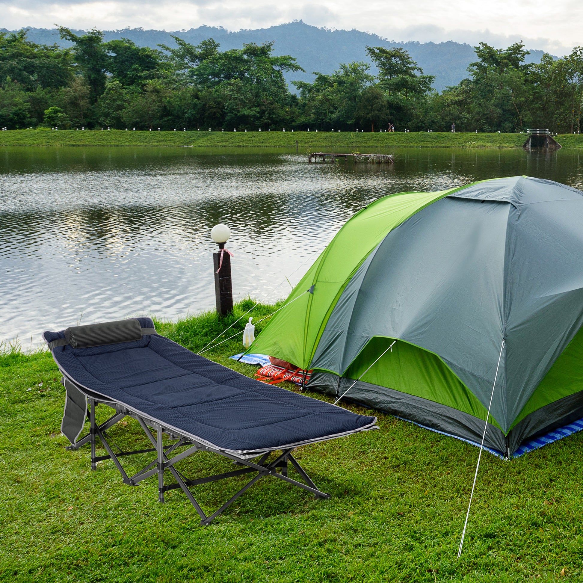 Folding Camping Bed Camp Bed with Pillow Side Pocket Mattress Guest Bed Up to 150 kg Travel Outdoor Oxford Dark Blue + Gray 188 x 64.5 x 53 cm