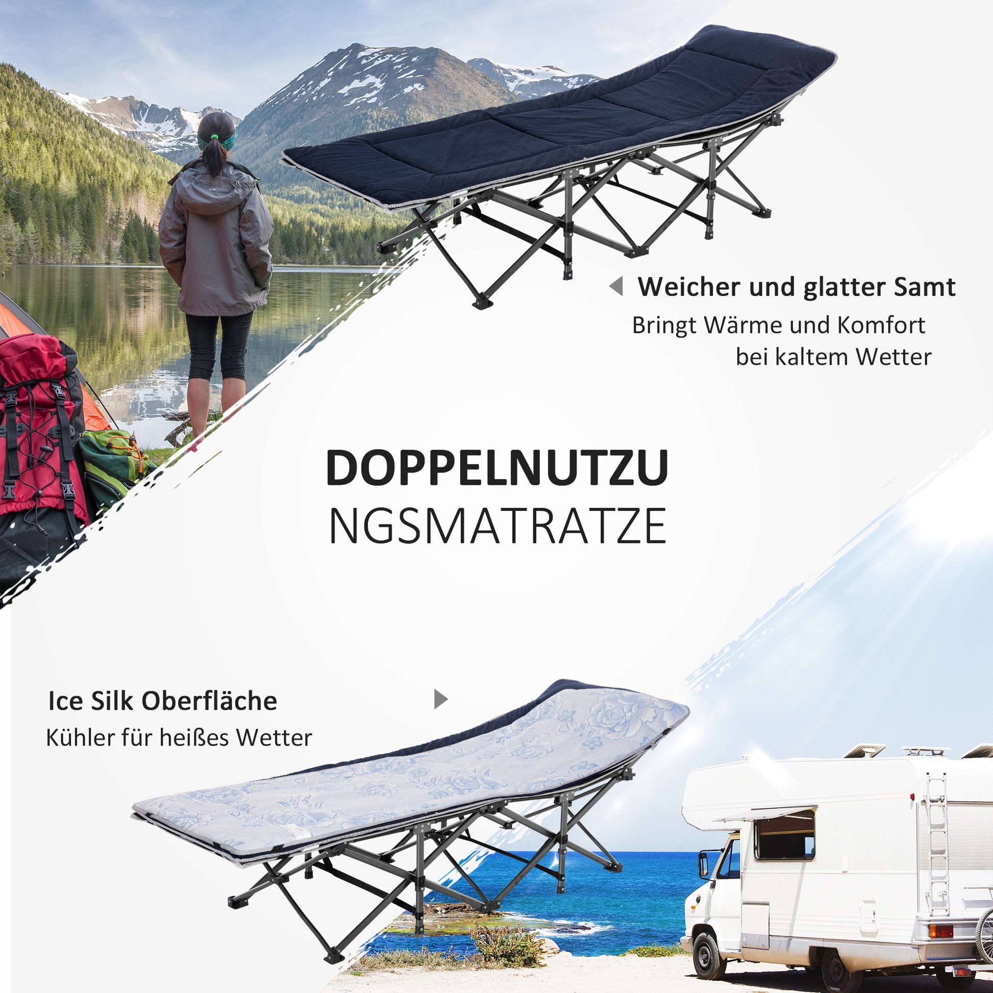 Folding Camping Bed Camp Bed with Pillow Side Pocket Mattress Guest Bed Up to 150 kg Travel Outdoor Oxford Dark Blue + Gray 188 x 64.5 x 53 cm