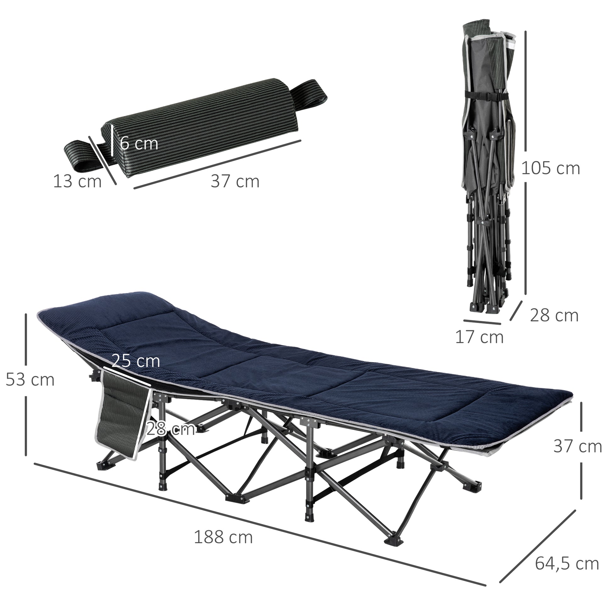 Folding Camping Bed Camp Bed with Pillow Side Pocket Mattress Guest Bed Up to 150 kg Travel Outdoor Oxford Dark Blue + Gray 188 x 64.5 x 53 cm