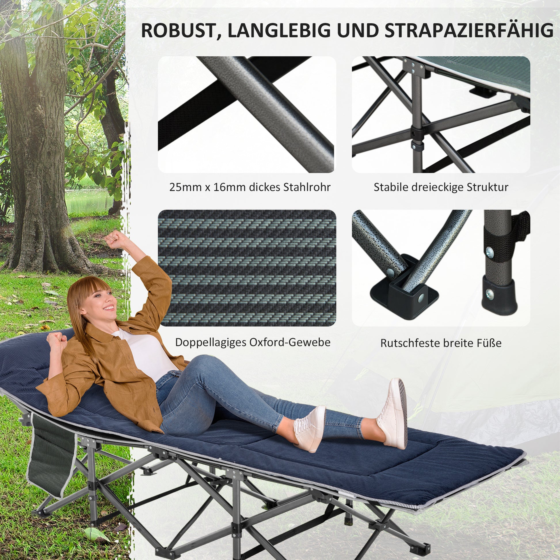Folding Camping Bed Camp Bed with Pillow Side Pocket Mattress Guest Bed Up to 150 kg Travel Outdoor Oxford Dark Blue + Gray 188 x 64.5 x 53 cm