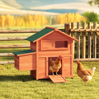 Wooden Chicken Coop 113.5 x 67.5 x 95.5 cm (44.7 x 26.6 x 37.6 in) with Nest Box, 2 Perches, Ramp, Sliding Window, Waterproof Roof, Pull-Out Tray — For 2 Hens/Ducks/Rabbits — Orange