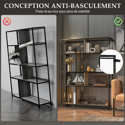 Bookcase storage unit 5-tier sliding mesh door steel frame industrial style for living room bedroom kitchen - 120L x 30W x 161H cm gray and black