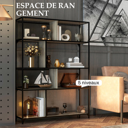 Bookcase storage unit 5-tier sliding mesh door steel frame industrial style for living room bedroom kitchen - 120L x 30W x 161H cm gray and black