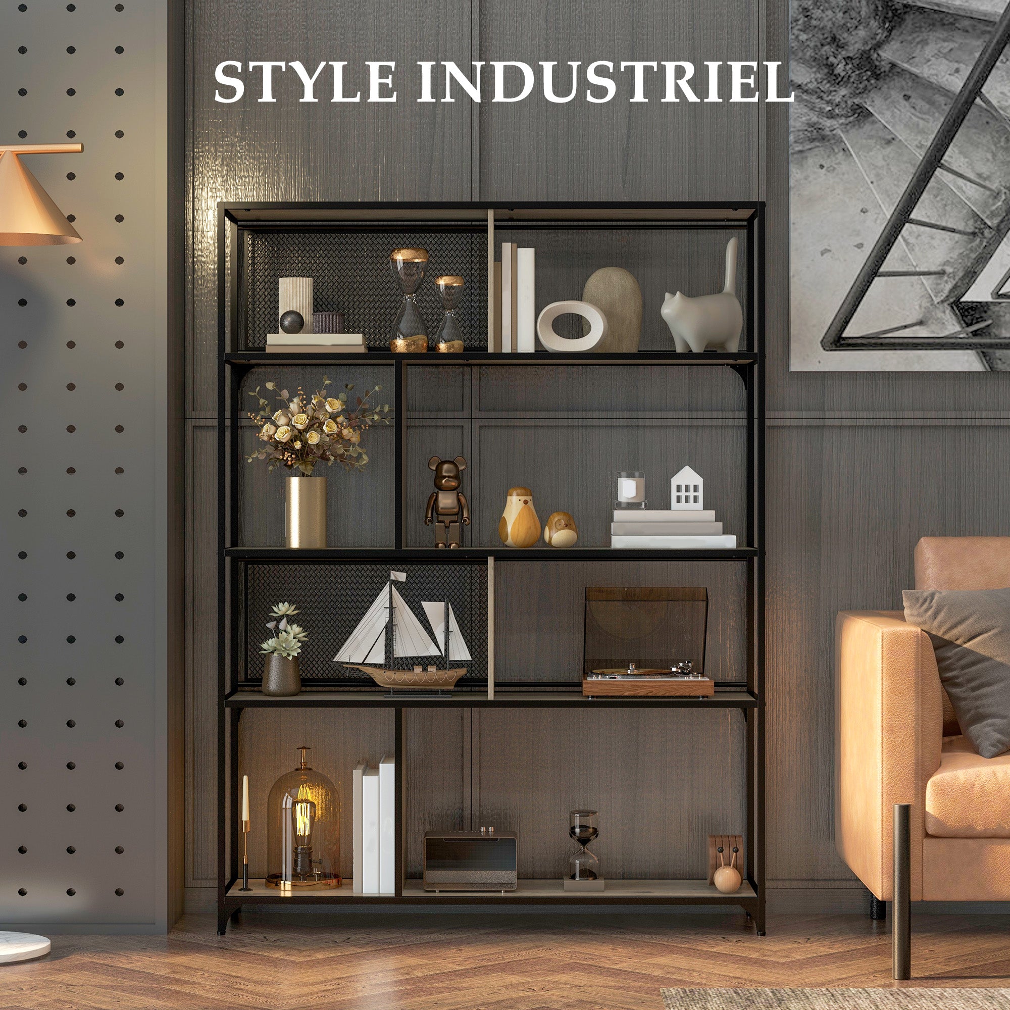 Bookcase storage unit 5-tier sliding mesh door steel frame industrial style for living room bedroom kitchen - 120L x 30W x 161H cm gray and black