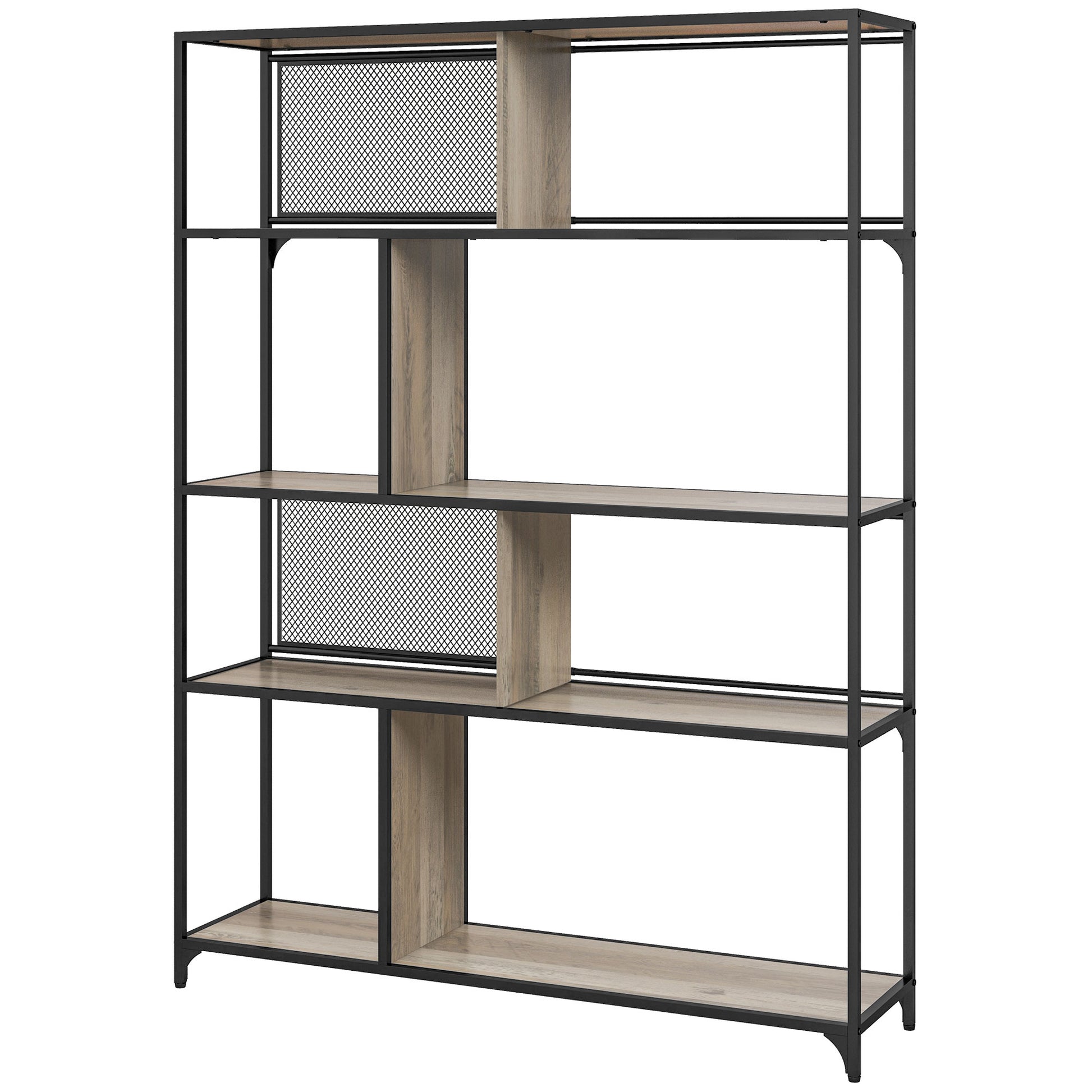 Bookcase storage unit 5-tier sliding mesh door steel frame industrial style for living room bedroom kitchen - 120L x 30W x 161H cm gray and black