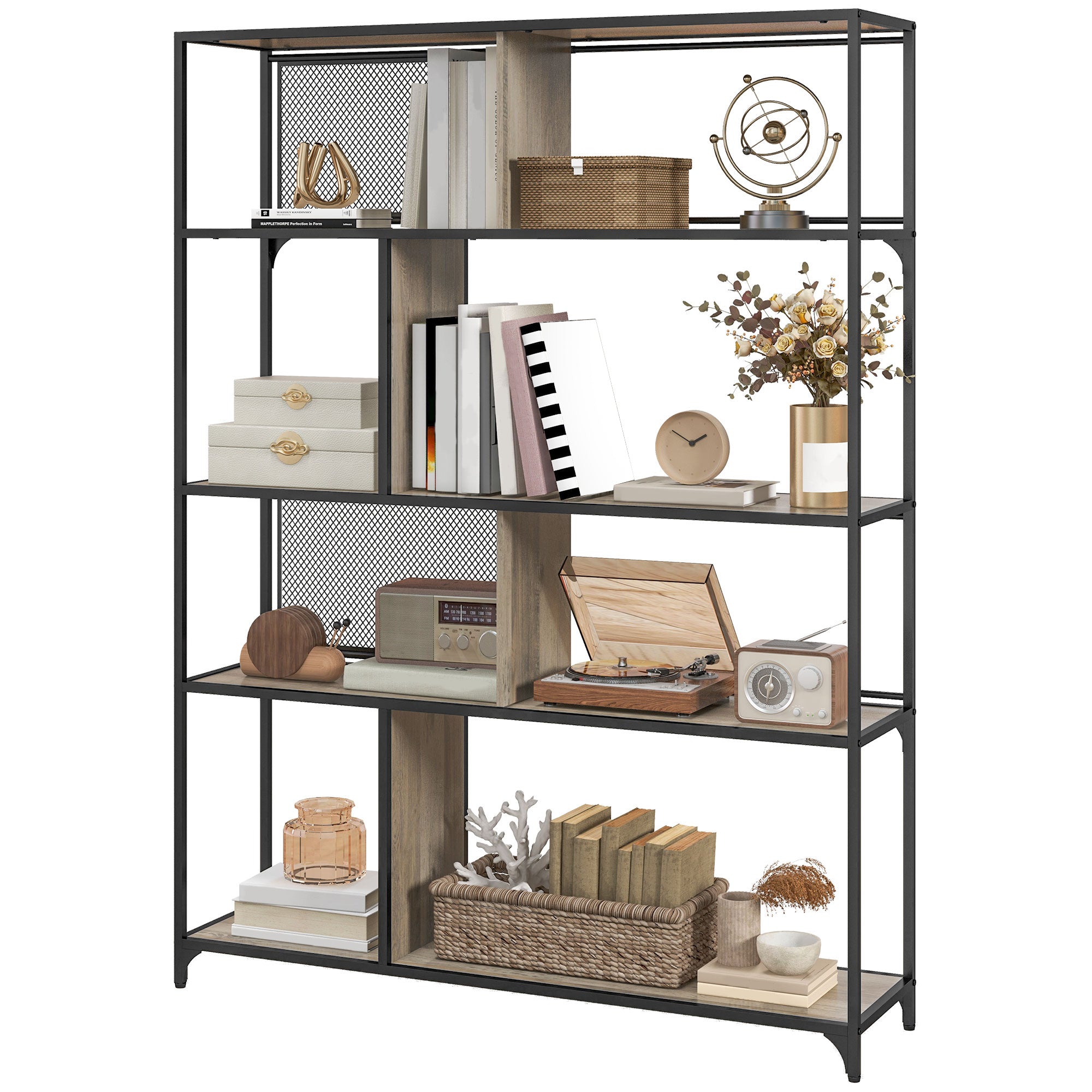 Bookcase storage unit 5-tier sliding mesh door steel frame industrial style for living room bedroom kitchen - 120L x 30W x 161H cm gray and black