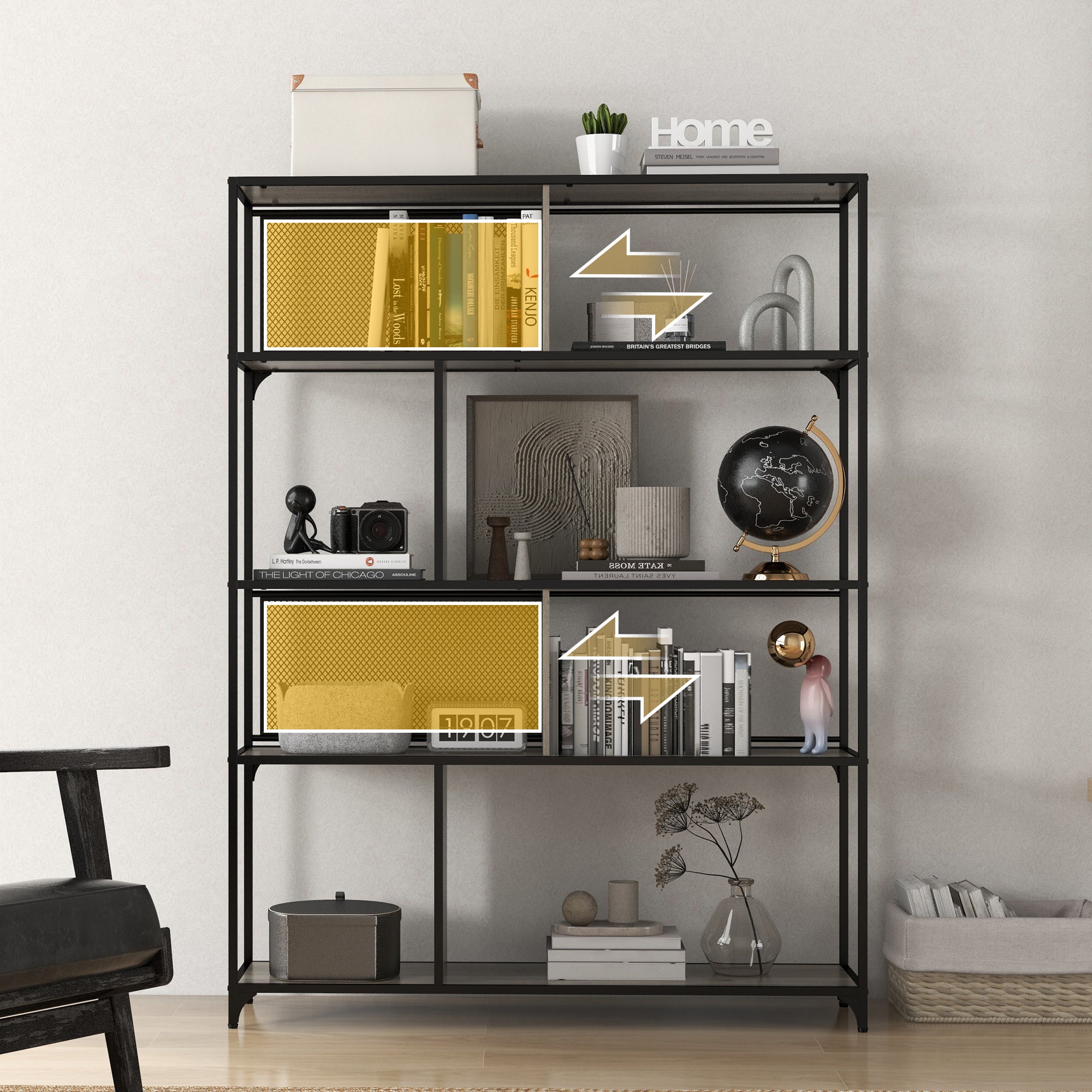 Bookcase storage unit 5-tier sliding mesh door steel frame industrial style for living room bedroom kitchen - 120L x 30W x 161H cm gray and black