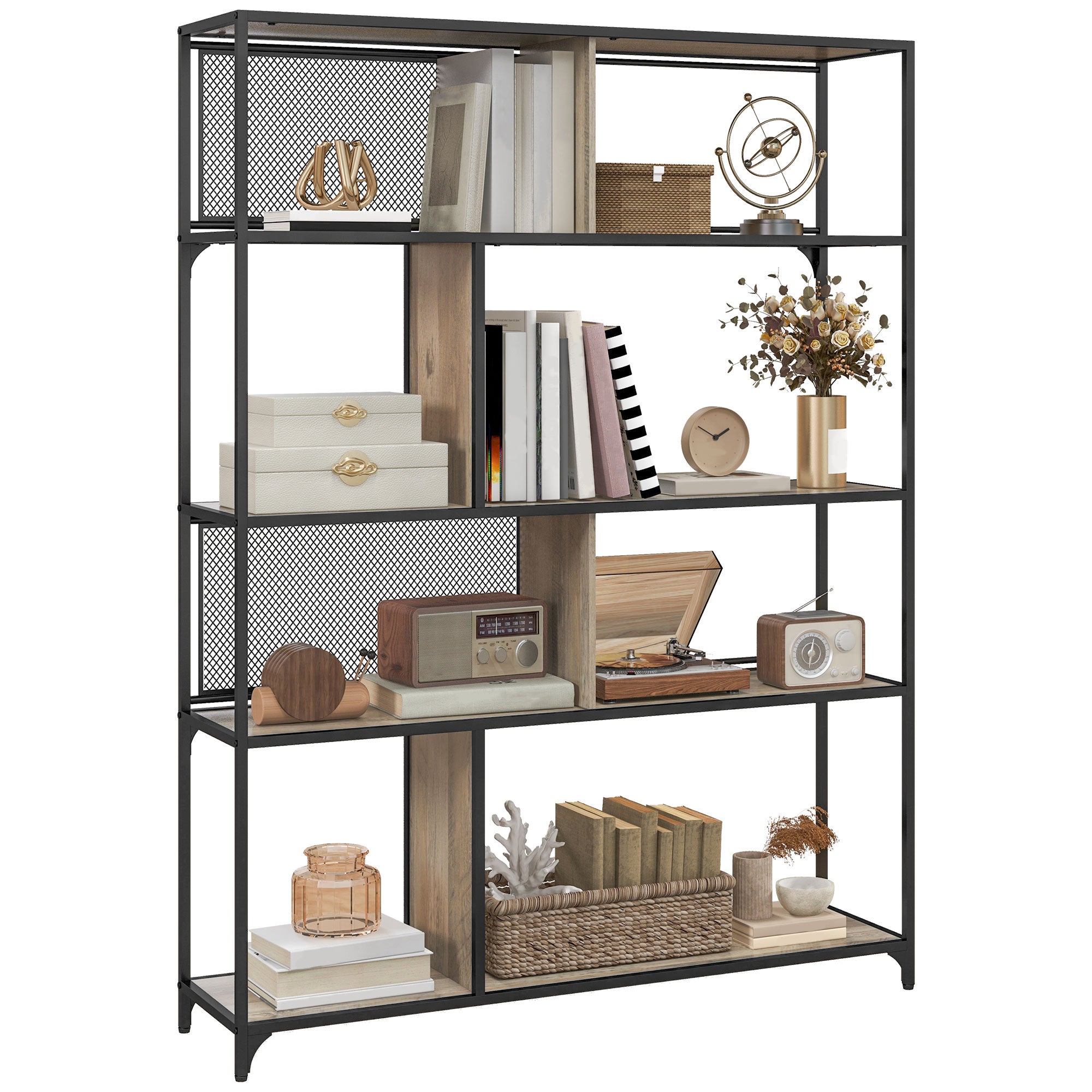 Bookcase storage unit 5-tier sliding mesh door steel frame industrial style for living room bedroom kitchen - 120L x 30W x 161H cm gray and black