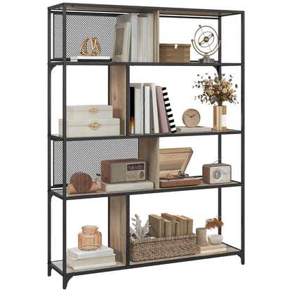 Bookcase storage unit 5-tier sliding mesh door steel frame industrial style for living room bedroom kitchen - 120L x 30W x 161H cm gray and black