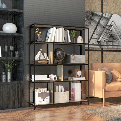 Bookcase storage unit 5-tier sliding mesh door steel frame industrial style for living room bedroom kitchen - 120L x 30W x 161H cm gray and black