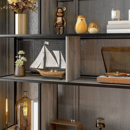 Bookcase storage unit 5-tier sliding mesh door steel frame industrial style for living room bedroom kitchen - 120L x 30W x 161H cm gray and black